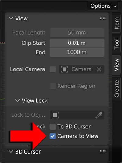 The "camera to view" checkbox in the sidebar menu is highlighted.