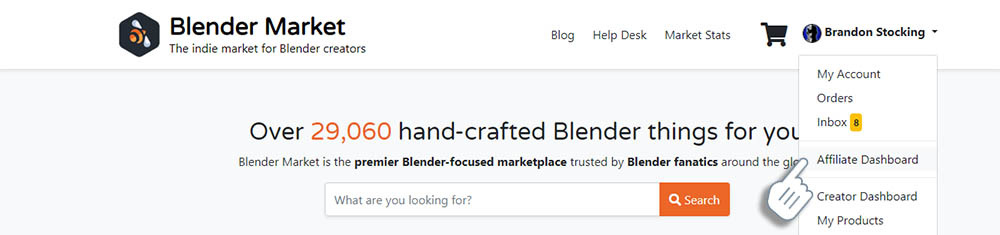 The Blender Market home screen with affiliate dashboard highlighted.