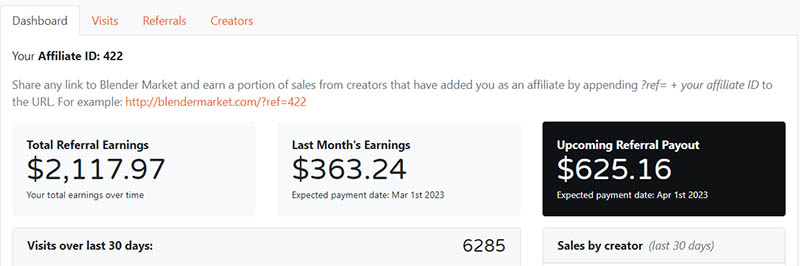 The Blender Market affiliate dashboard displays upcoming commission payouts. 