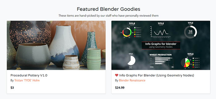 Two featured products on Blender Market include info graphs for Blender and a procedural pottery generator. 