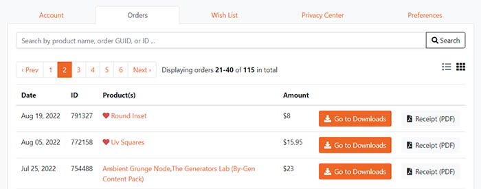 The orders page in Blender Market shows all previous orders of products. 