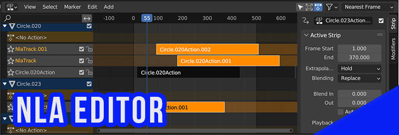 Blender Non-Linear Animation Editor with action strips staggered. 