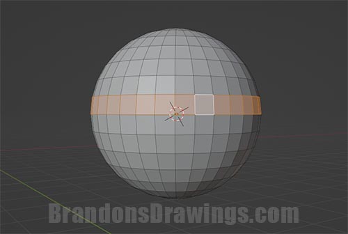 A loop of faces are selected on a UV sphere in Blender. 