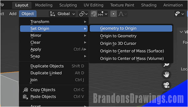The set origin options are displayed from the object menu in the Blender 3D viewport. 