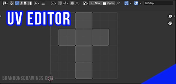 The UV Editor in Blender displays the default cube's unwrapped UV map. 