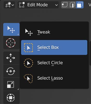 The "Select Box" option chosen from the selection tool menu in Blender. 