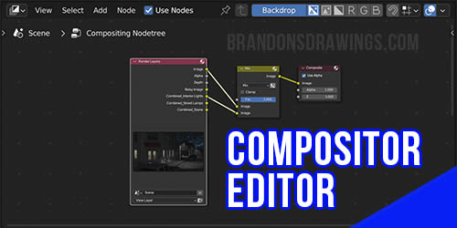 The Compositor Editor in Blender using compositing nodes. 