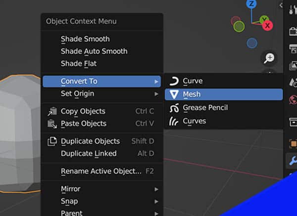 In Blender, the context menu is open and "Convert to Mesh" is selected. 