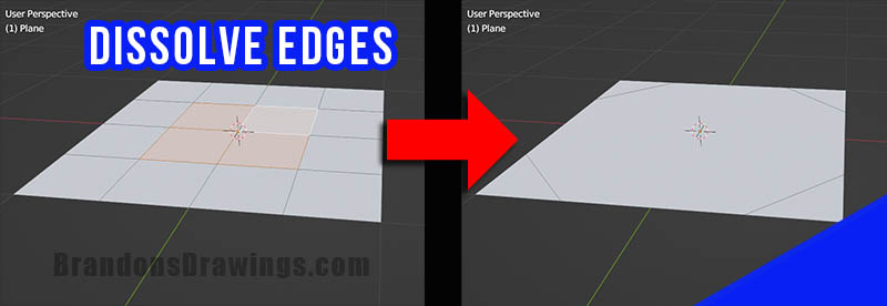 Before and after comparison of dissolving edges of a plane in Blender. 