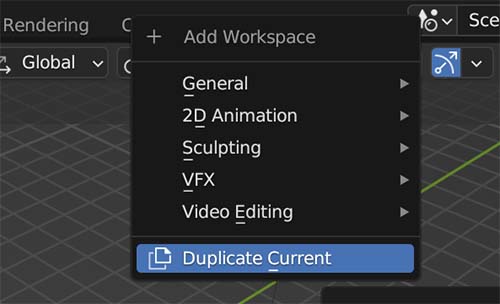 The plus icon in the workspace menu opens the "add workspace" menu where "duplicate current" is highlighted. 