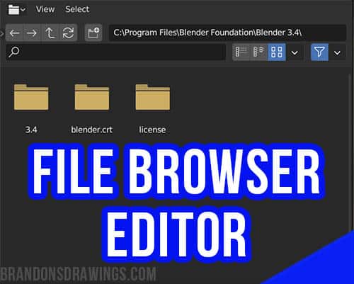 The file browser editor in Blender displays folders and navigation tools. 