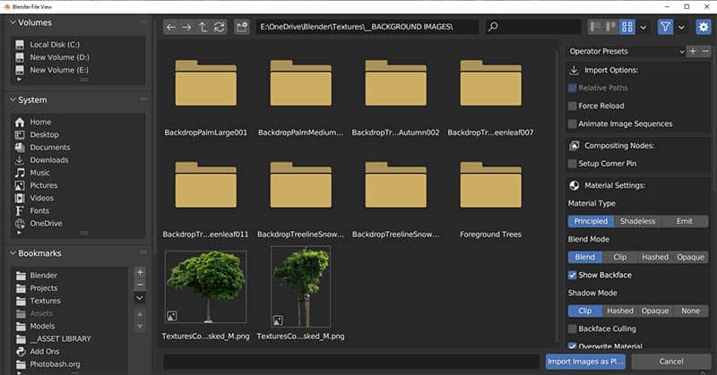 A Blender file browser window used to import images as planes into Blender. 