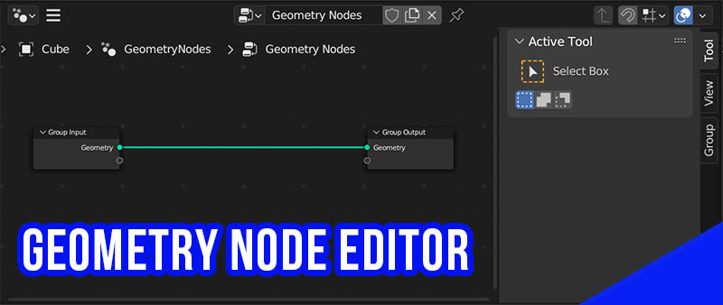 The Blender Geometry Node Editor with default geo node setup. 