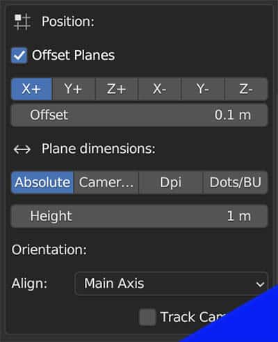 The controls to adjust the position of an image imported into Blender with the Images as Planes addon. 