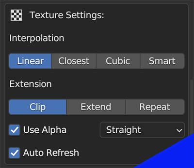 Settings to control the texture of an image imported as a plane in Blender. 
