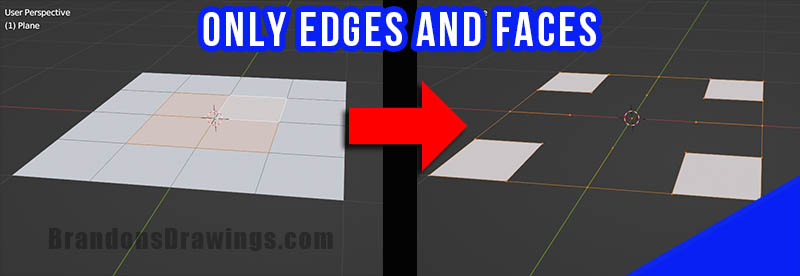 Before and after comparison of deleting only edges and faces in Blender. 