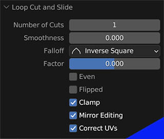 The operator panel for shows settings to adjust the "loop cut and slide" operation.
