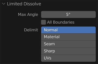 The limited dissolve settings displayed in an operator panel.