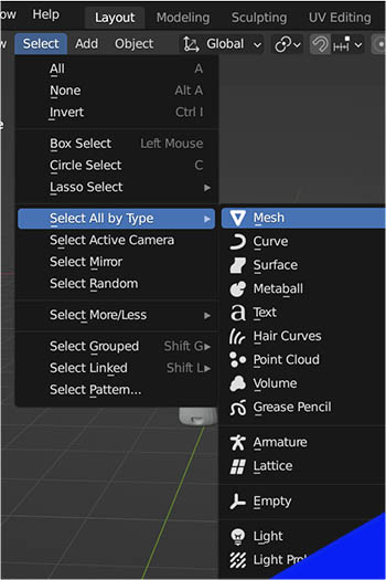 Select all by mesh type is highlighted from the select menu in Blender. 