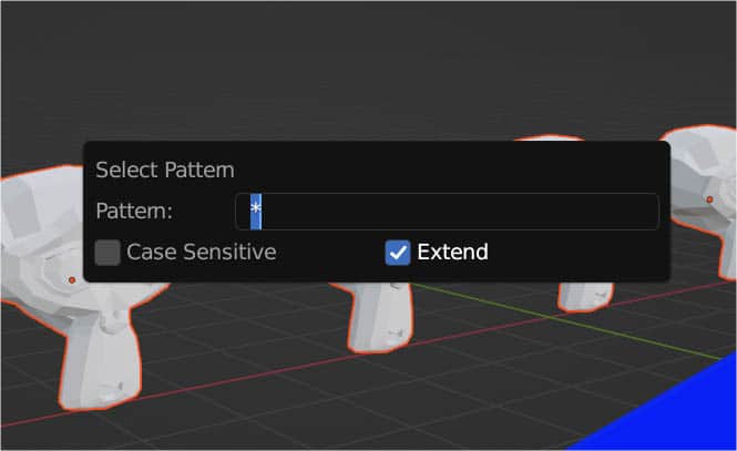 The select pattern dialog box is open in Blender's 3D viewport. 