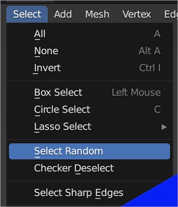 The select random tool in Blender is highlighted in the selection menu. 