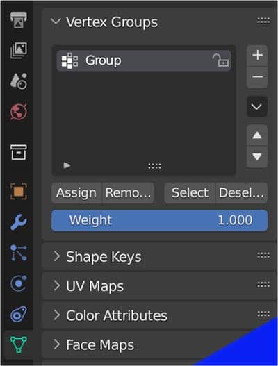 The vertex group panel is displayed in the object data properties panel. 
