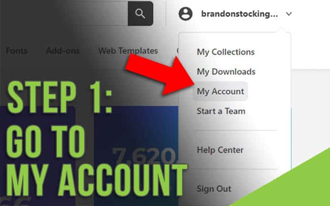The "My Account" option is selected in the Envato Elements account settings.