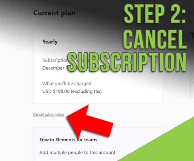 The "Cancel Subscription" link is located in the Envato Elements account settings page. 