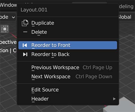 A workspace context menu is open with options to duplicate, delete or reorder the workspace menu. 