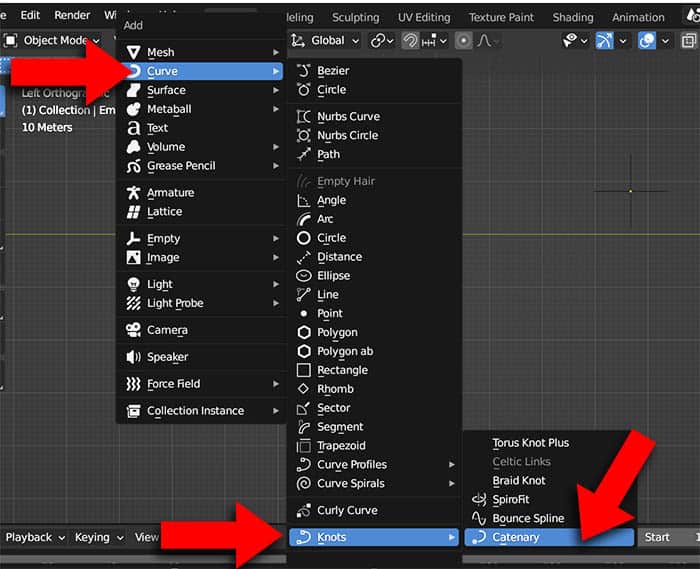 The option to add a catenary curve in Blender is highlighted in the add object menu.