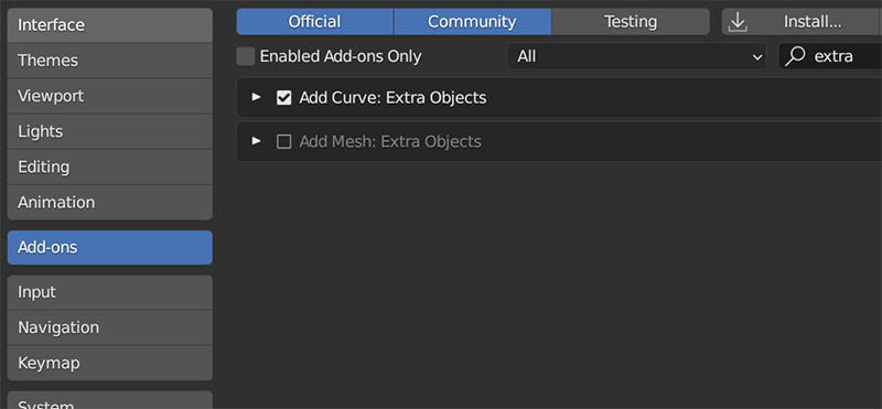 The add curve: extra objects addon activated in the Blender user preferences.