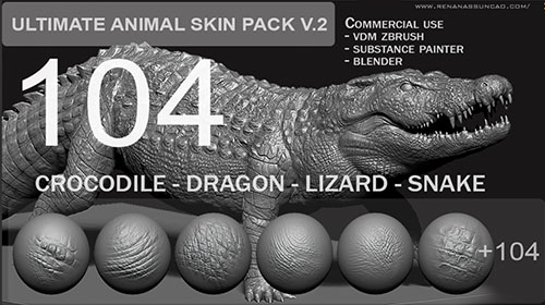 Animal skin brushes used to make a crocodile in Blender.