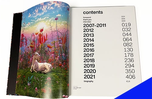 The table of contents in Beeple's book and a picture of a donkey surrounded by flowers.