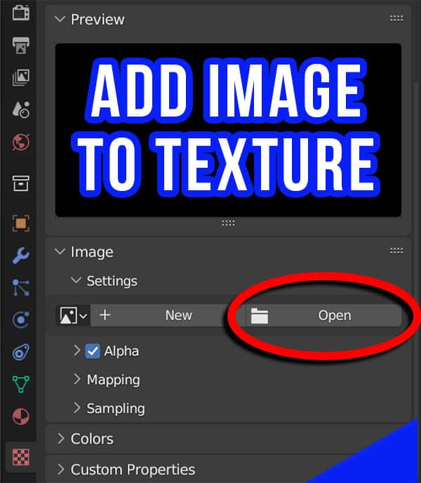 An empty image in the texture properties and the "open" button is circled in red. 