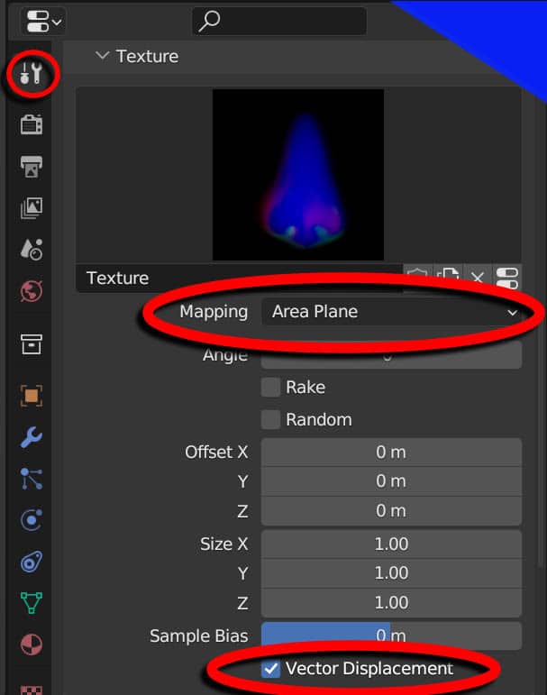 The tool properties panel in Blender with the area plane and vector displacement settings circled in red.