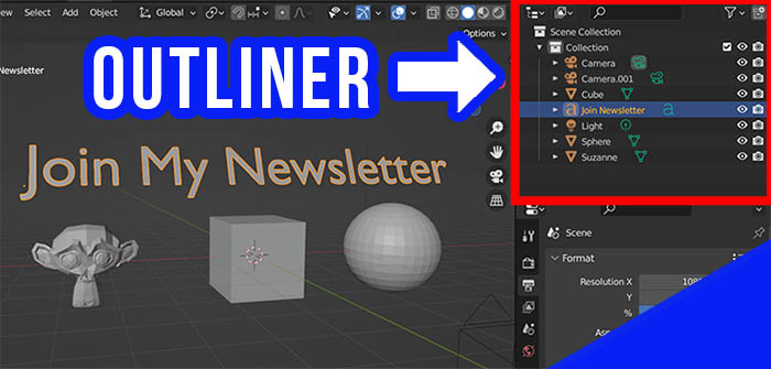The outliner editor is highlighted in the default Blender layout workspace. 