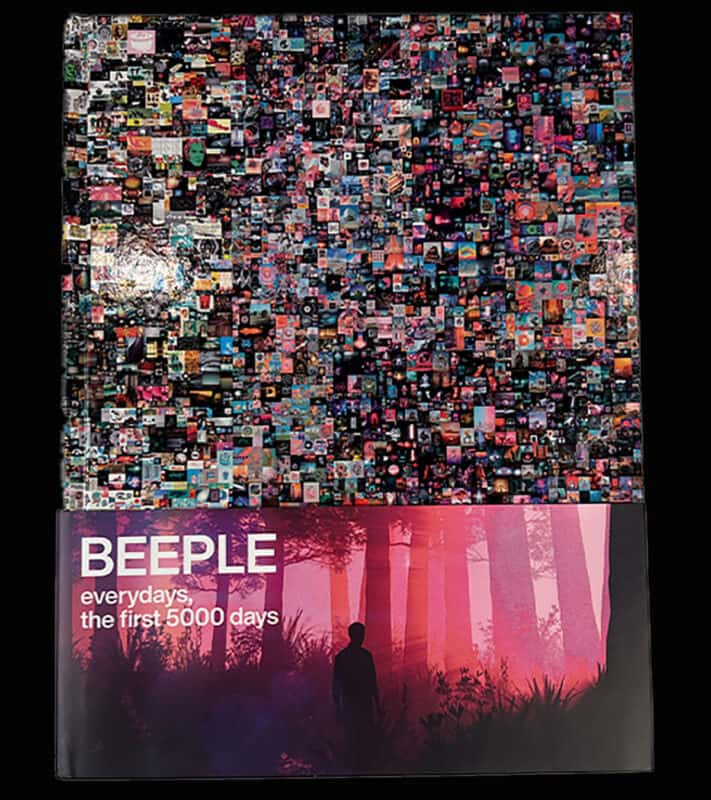 The cover of Beeple's books shows a collage of his artwork.