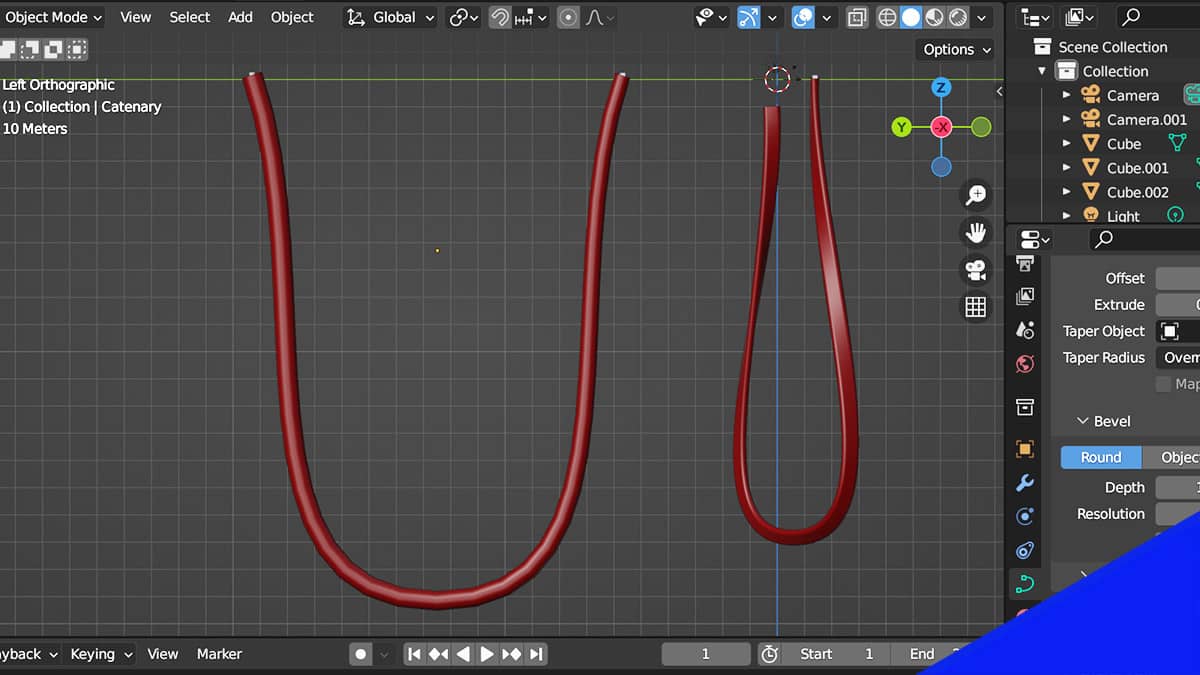 Two hanging curves with thickness and twist in the Blender 3D viewport.