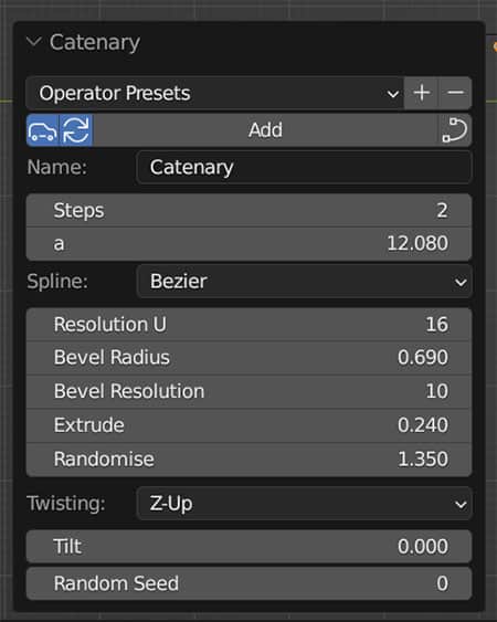 The operator panel for adding a catenary curve in Blender.