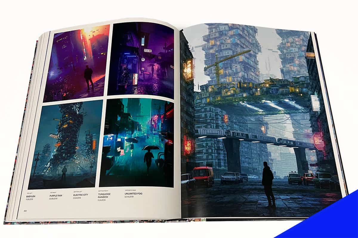 A page of Beeple's book shows futuristic and dystopian images. 