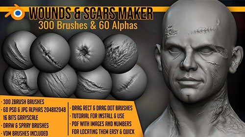 A 3D character with scars and wounds sculpted with vector displacement maps.