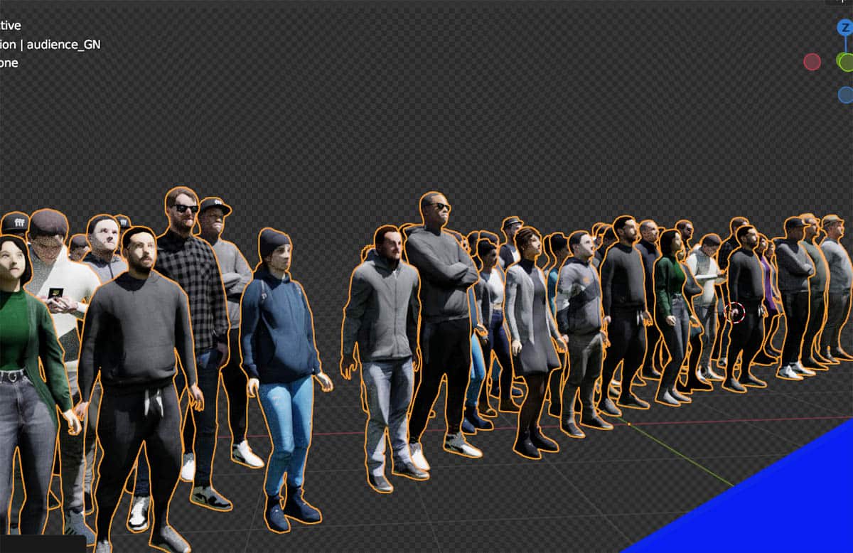 A procedurally generated crowd of people with colorful textures in Blender's viewport.