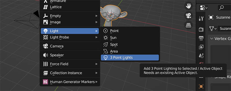 The 3 point lights option in the add object menu in Blender.