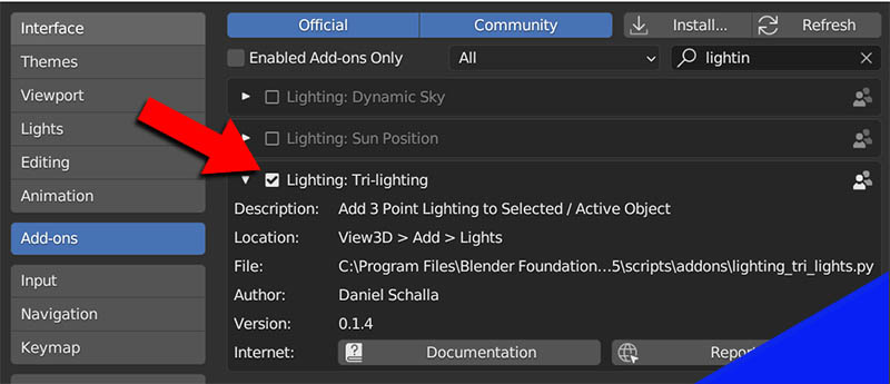 The tri-lighting add-on activated in the Blender user preferences.