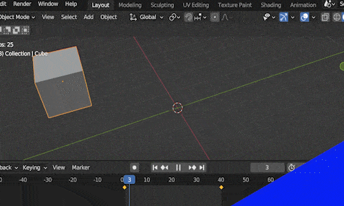 The Blender default cube is animated moving across the viewport and rotating.