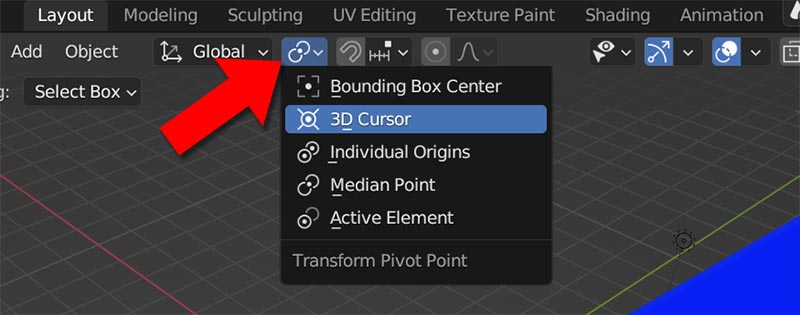 The transform pivot point menu in Blender is expanded and highlighted.