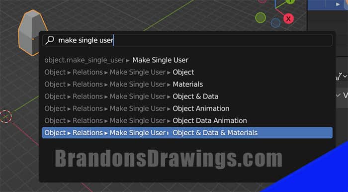 The "make single user" options are displayed in the Blender search menu.