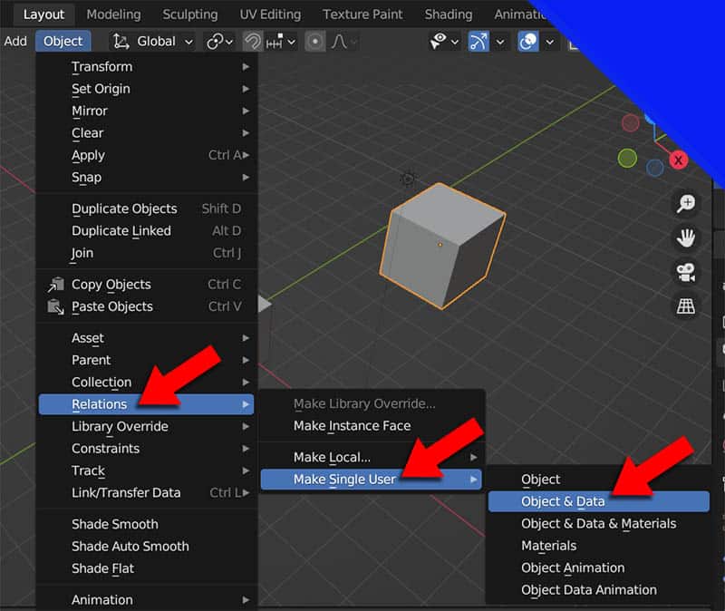 The object menu in Blender is expanded to show the options to "make single user"