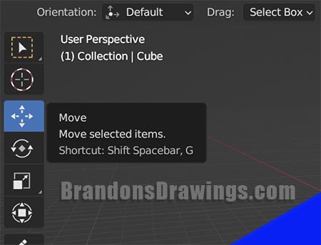 The move tool icon is hovered in the Blender toolbar.