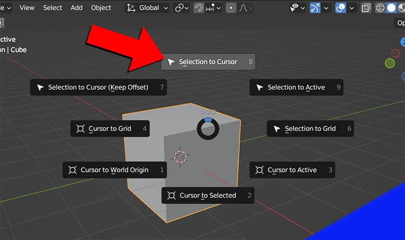 The pie menu for moving the selected object or cursor is expanded in Blender's viewport.